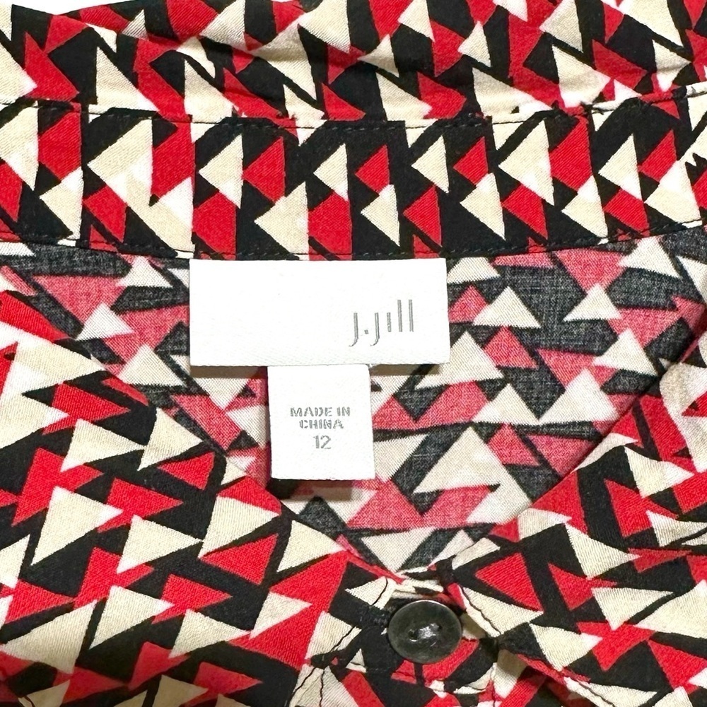 J. Jill Midi Womens Mod Print Navy Red Shirt Dress  Size 12 Tab Sleeves Collared - Picture 2 of 13